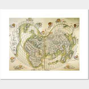 Antique Heart Shaped Old World Map Posters and Art